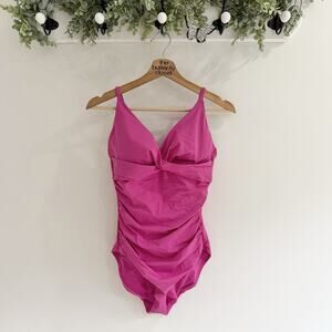 Popilush Pink Ruched One Piece Swimsuit Medium slimming contour